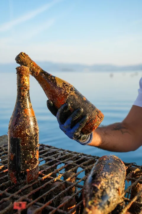 Bottiglie recuperate dal mare su una delle nostre gabbie.
